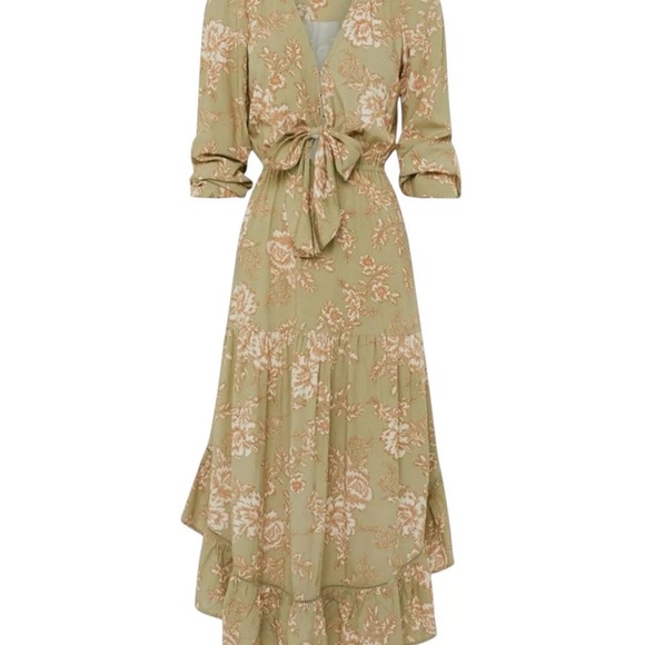 Kivari Lani Front Tie Dress Green Fliral Keyholw Midi High Low Smocked Ruffle - Picture 1 of 10